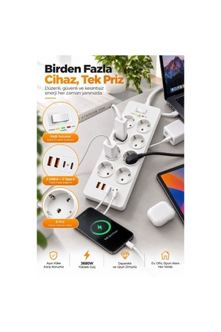8 Prizli Çoklu Priz 3680w 2 Usb-a + 2 Type-c Akım Korumalı Güç Dağıtıcı 0 - 2 M