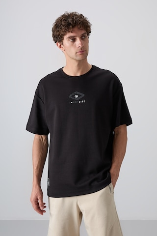 Tommy Life Siyah Pamuklu Kalın Yumuşak Dokulu Oversize Fit Baskılı Erkek T-shirt - 88325 Siyah