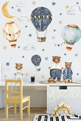 MSticker Ayıcıklar Ve Uçan Balonlar Çocuk Bebek Odası Duvar Sticker Seti - Ayıcıklar Ve Balonlar