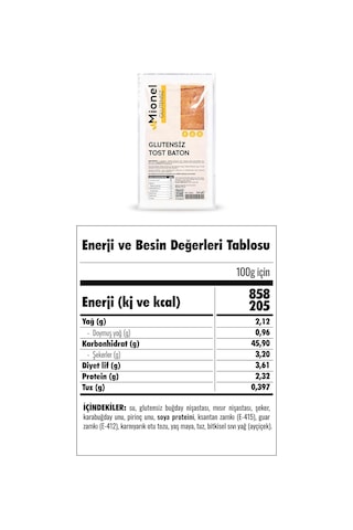 Mionel Glutensiz Tost Baton Ekmek 300 G - Süt Ve Yumurta İçermeyen Vegan Tost Ekmeği Diğer