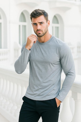 Erkek Uzun Kollu Bisiklet Yaka Tişört - %100 Pamuk Basic Relaxed T-shirt Gri