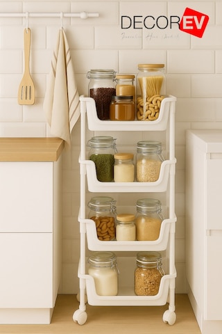 4 Katlı Tekerlekli Plastik Organizer Raf Çok Amaçlı Mutfak, Banyo Ve Ofis Düzenleyici Beyaz Dc-6823 Beyaz