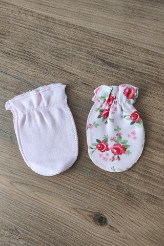 Bambık Bebek Eldiveni İkili Set 0-3 Ay %100 Pamuk Yenidoğan Tırnak Koruyucu Eldiven Pembe Pembe