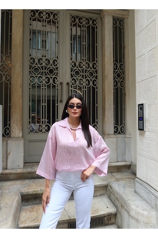 Kechi Woman Çizgili Transparan Kumaş Polo Yaka Bluz Pembe