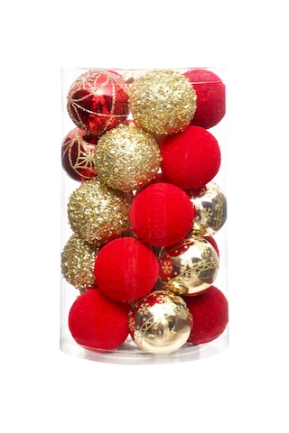Vkemall 6cm Kumaş Kaplı Boyalı Noel Topları Seti - 25 Adet Ağaç Süs Eşyası Kırmızı+altın Noel Dekorasyonu