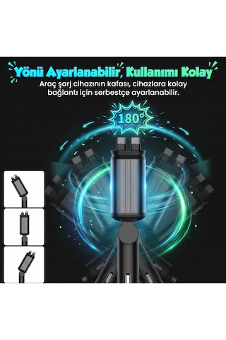 Tr 66w 5in1 Araç İçi Çakmaklık Hızlı Şarj Aleti, Tavan Aydınlatmalı, Çift Makaralı Kablo Type-c & Lightning