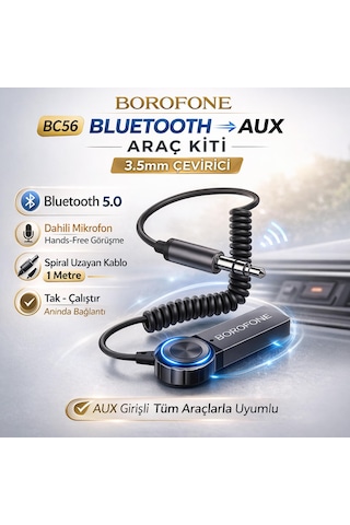 Borofone Bc56 Araç İçi Bluetooth To Aux 3.5mm Çevirici Araç Kiti Mikrofonlu