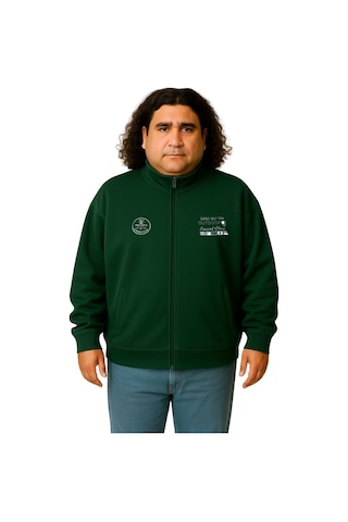 Erkek Büyük Beden 122-158 Kilo Arası İçin Uygun Pamuklu Geniş Kalıp Dik Yaka Fermuarlı Sweat Mont Koyu Yeşil