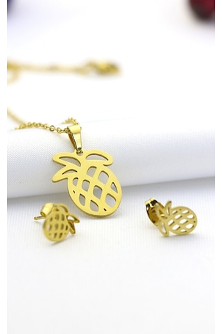 Ananas Çelik Kolye Küpe Set Gümüş
