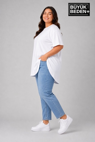 Superlife Büyük Beden Kadın Bisiklet Yaka Basic Oval Etek Detalylı 3xl-6xl Uzun Tunik Spr26btsk502 Beyaz