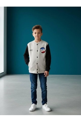 Zekids Erkek Çocuk Enjoy Play Yazılı Şardonlu Kolej Hırkası-16652 Taş