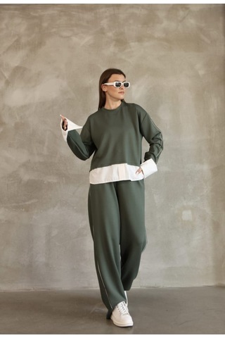 Evoa Kadın Yeşil Oversize Gömlek Ve Biye Detaylı İkili Takım Su Yeşili