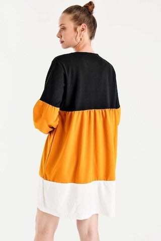 Gabria Kadın Büzgülü Renkli Elbise Siyah-Hardal Hardal - Siyah