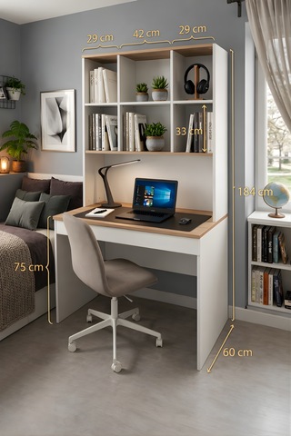 Yeni Nesil Genç Odası Çalışma Masası Mdf Ergonomik Tasarım Kitaplıklı Ve Kapaklı Model Beyaz