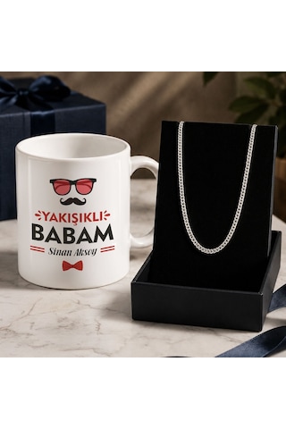 Bk Gift Kişiye Özel Babalar Günü Tasarımlı Beyaz Kupa & Sık Gurmet Zincir Kolye -5, Babalar Günü Hediyesi Gümüş