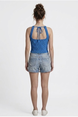 Neden Tekstil Kadın Triko Örme Halter Yaka Crop Bluz - Saks Mavisi