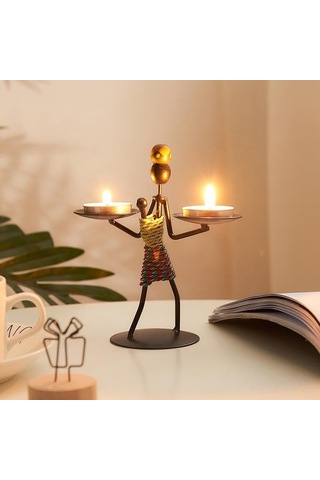 Sume Kadın Figürlü Metal Ferforje Tealight Mumluk Ev Dekoru Süs El Üstünde Mumluk Açık Altın