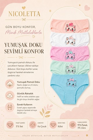 Nicoletta Kız Çocuk Külot 5 Li Paket Pamuklu Likralı Kedi 140476 Çok Renkli