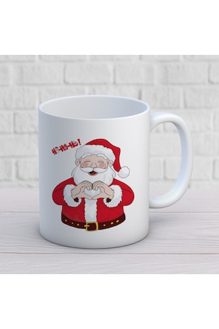 Ho Ho Ho Yazılı Yılbaşı Temalı Hediyelik Baskılı Kupa Beyaz