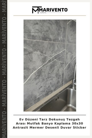 Ev Düzeni Tarz Dokunuş Tezgah Arası Mutfak Banyo Kaplama 30x30 Antrasit Mermer Desenli Duvar Sticker