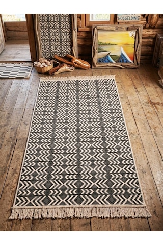 Zikzak Çizgili Desenli Pamuklu Dokuma Çift Taraflı Kilim Yıkanabilir Modern Yolluk Kaymaz Dekoratif Halı Gri