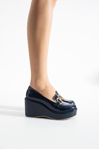Zenne Shoes Dolgu Topuklu Tokalı Kadın Ayakkabı Lacivert