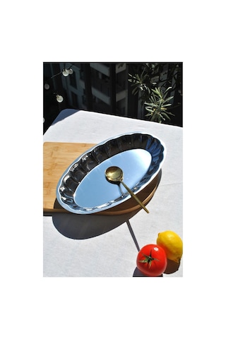 1 Adet Paslanmaz Çelik Dilimli Kayık Salata Sunum Tabağı 34 X 20 Cm Büyük Boy Kayık Tabak Gümüş