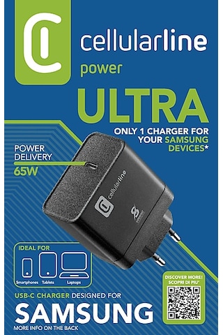 Cellularline Ultra PD USB 65W Type-C Şarj Adaptörü Siyah