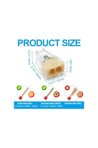 Koodmax 25 Adet Pct-102 2 Pinli İtmeli Hızlı Kolay Kablo Tel Birleştirici Konnektör Vidasız Klemens