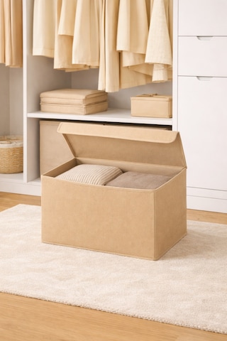 Serstil Orta Boy Kapaklı Kutu Hurç Kıyafet Battaniye Saklama Kutusu Organizer 50x40x30 Cm - Bej