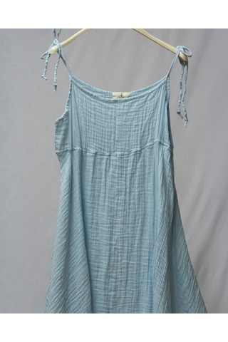 %100 Pamuk Müslin Nefes Alır Kadın Askılı Gecelik Elbise Pijama Rahat, Şık Gots Sertifikalı Açık Mavi