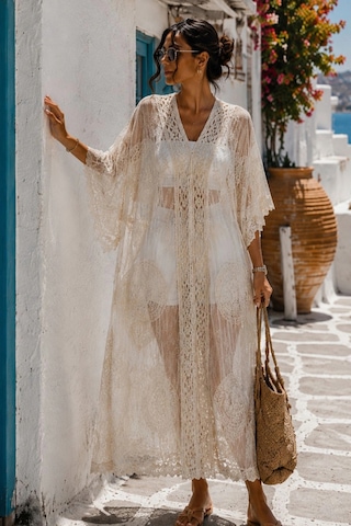 Asprinfashion Kadın İthal Dantel Pareo Kimono Plaj Elbisesi Ekru Bohem Yazlık Kaftan