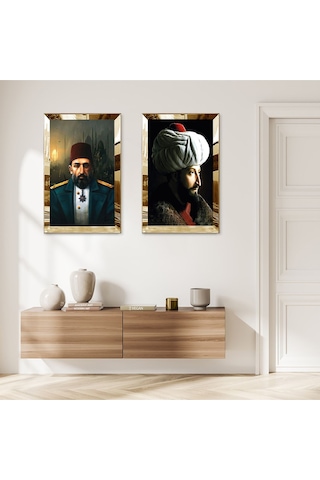 Gold Aynalı Pleksi Çerçeveli Fatih Sultan Mehmet Ve Padişah Abdülhamid İkili Mdf Tablo Seti
