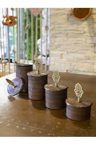 Bakır Baharat Takımı 4 Lü Tırtıklı Model Oksit Renk Oksit Bakır