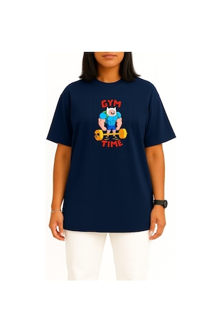 Bahriyeli Collection Oversize Adventure Time Gym Fitness Göğüs Baskılı Unisex T-shirt Lacivert
