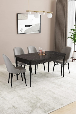 Familieconcept Almira Serisi, Siyah Mermer Desen 80x132 Açılabilir Mdf Mutfak Masası Takımı 4 Adet Sandalye Gri