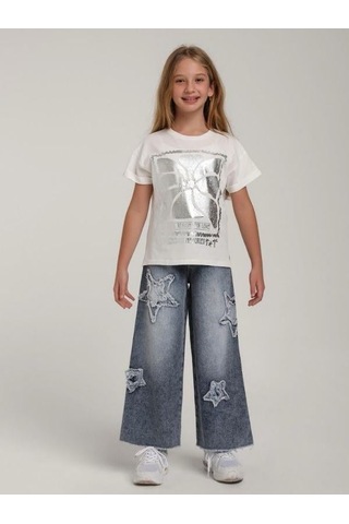 Escabel Kız Çocuk Pamuklu Gümüş Varak Desenli Tasarım T-shirt-15616 Beyaz