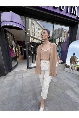 Kol Detaylı Salaş Keten Kimono - Kahverengi-102 Sarı
