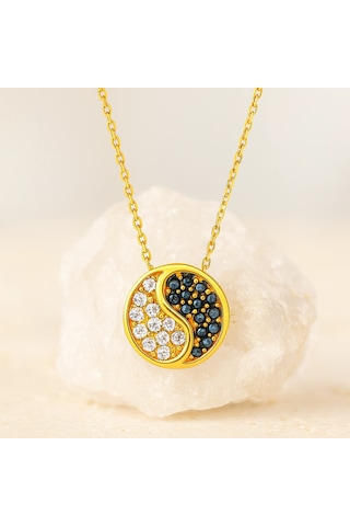 14 Ayar Altın Yin Yang Madalyon Kolye Siyah Oniks Mini Denge Kolye Altın