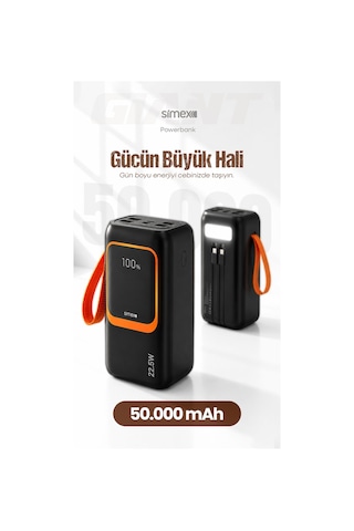 Simex 50.000 mAh 22.5W PD Hızlı Şarj Kablolu Powerbank Dijital Göstergeli Fenerli Taşınabilir Kamp Cihazı