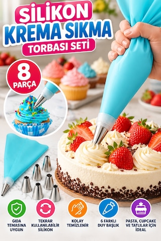 8 Parça Silikon Krema Sıkma Torbası Seti 6 Metal Duy Başlıklı Pasta Kek Cupcake Süsleme Aparatı Seti Çok Renkli