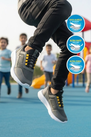 Walkway Haki Sarı Fileli Hafif Esnek Unisex Çocuk Spor Ayakkabı 9060 Motano F Haki-sarı