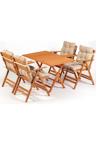 Minderli Loretta Masa Sandalye Seti 4+1 Ahşap Bahçe Balkon Teras Katlanır Set 120x70 Cm Krem