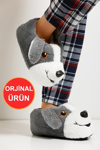 Devida Yumuşak Taban Sevimli Köpek Panduf Gri - Beyaz Beyaz - Gri