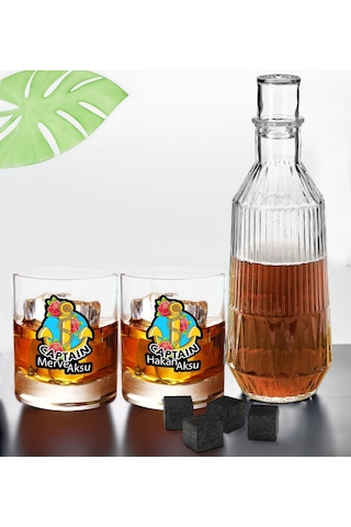 Bk Gift Kişiye Özel İsimli Dtf Kaptan Tasarımlı İkili Viski Kadehi, Viski Taşı Ve Karaf Seti-2, Arkadaşa Hediye, Sevgiliye Hediye Kobitmeyencom30451 B