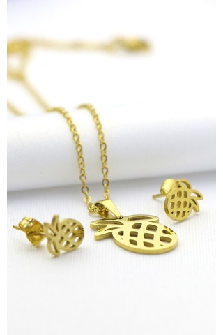 Ananas Çelik Kolye Küpe Set Gümüş