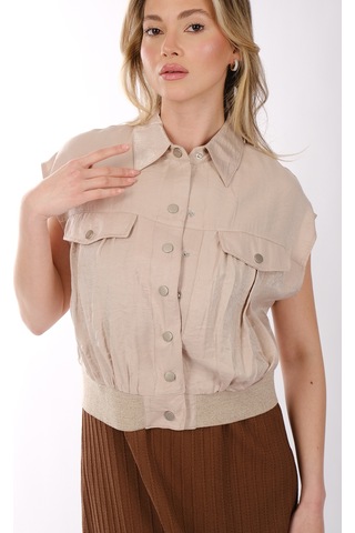 Ysatis Minimalist Kolsuz Crop Yelek - Gömlek Yaka Bej