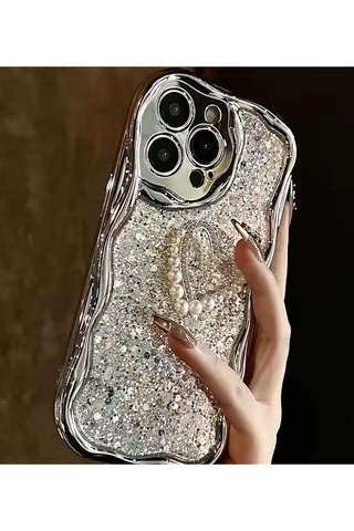 Caş Dekorasyon Gümüş Renk Kalp Figürlü Simli 15 Pro Max Telefon Kılıfı Gümüş