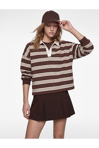 Koton Şardonlu Uzun Kollu Polo Yaka Çizgili Sweatshirt Kahverengi Çizgili 6sal10375ık Kahve Çizgili