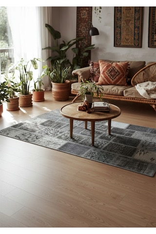 Modern Bohem Stil Vintage Halı Özel Tasarım Patchwork Koleksiyonu Gri